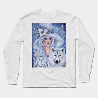 White witch with wolf and owl art by Renee Lavoie Long Sleeve T-Shirt